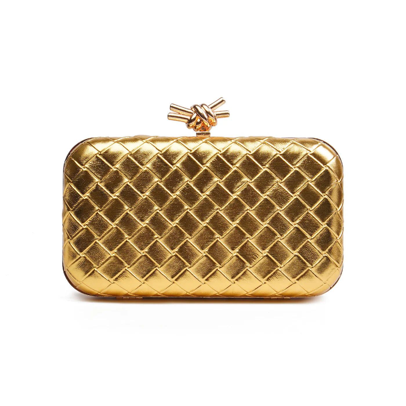 Gold Woven Shell Clutch with Knot Clasp