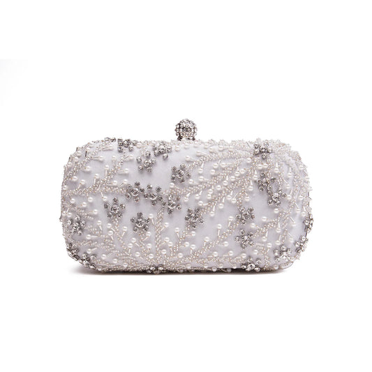 White Embellished Shell Floral Clutch